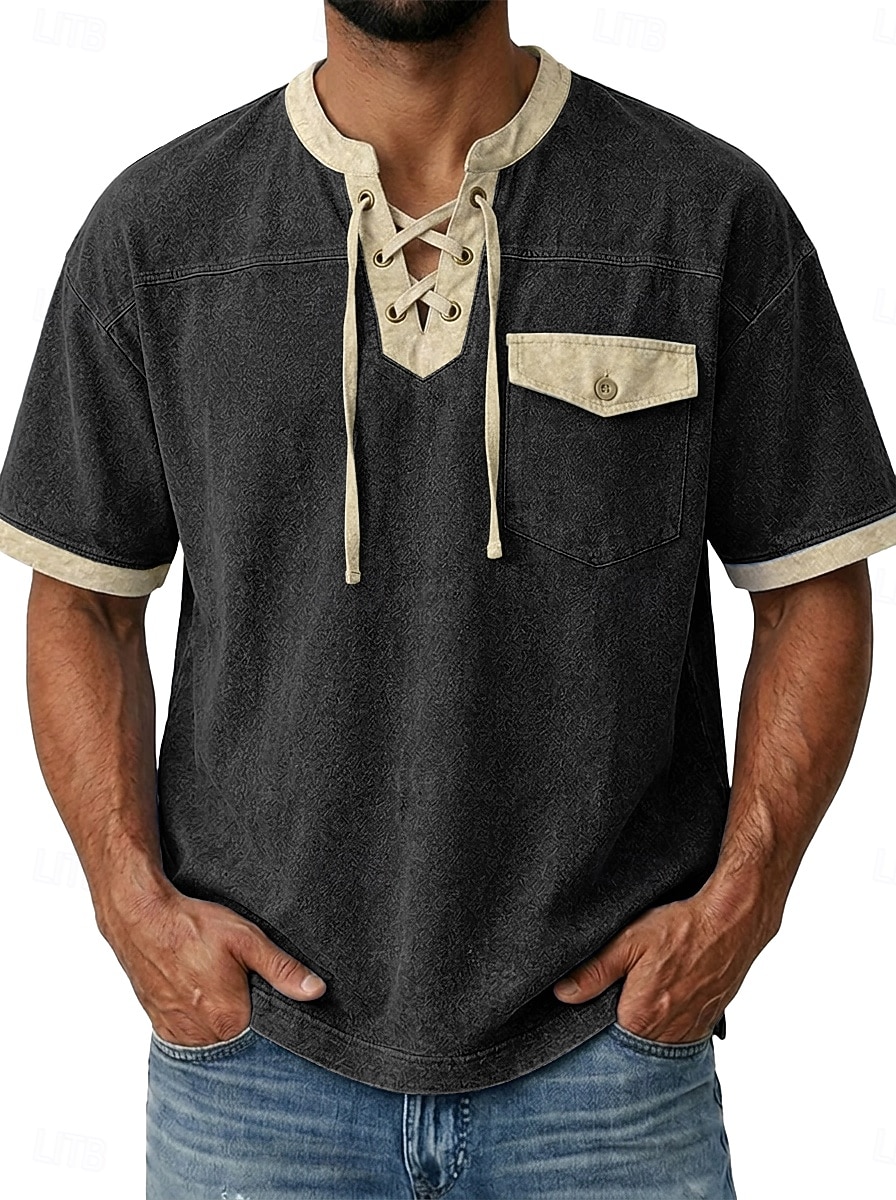 Hombre Camiseta Camisa vaquera Camisa 100% algodón con lavado ácido Manga Corta cuello con cordones Otoño invierno Primavera Otoño Plano Vintage Ropa de calle Casual Bolsillo Lavado Casual Hogar Calle 2026 - $35.99 –P11