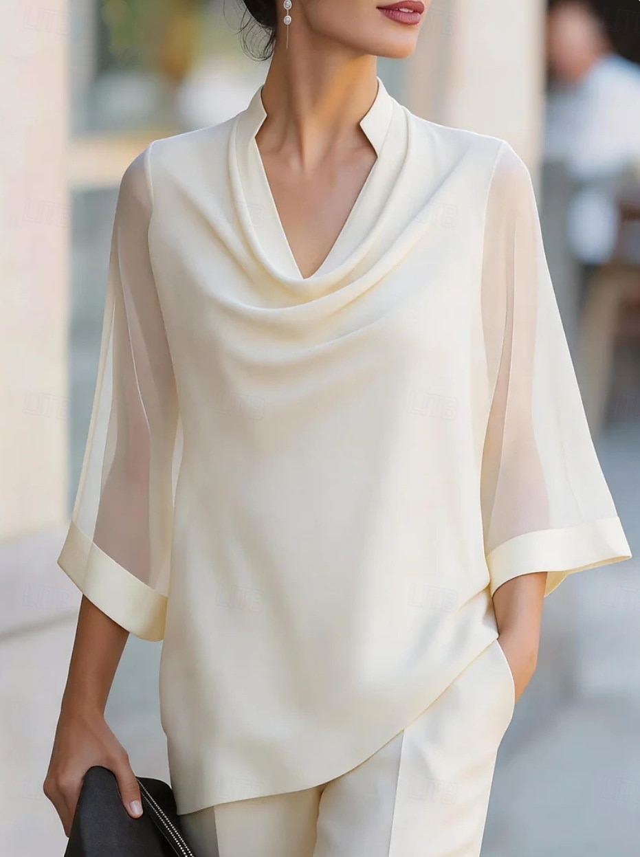 Women's Shirt Blouse Patchwork Solid Color Elegant Streetwear Daily 3/4 Length Sleeve V Neck Regular Tops Casual claret Black Navy Blue Apricot Summer Spring 2026 - $27.99 –P4