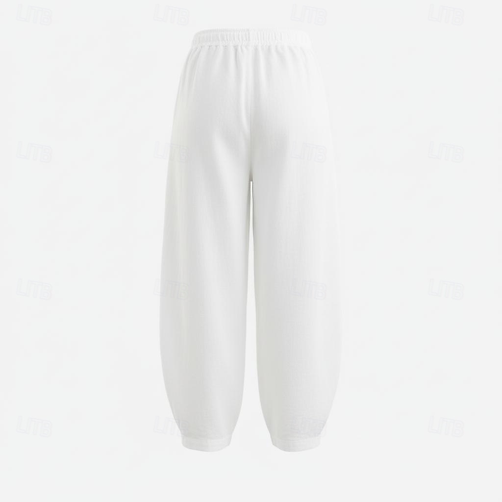 Pantalones bombachos de lino para mujer, cintura media, largo completo, bolsillo, cintura elástica, vacaciones, azul arroz 2026 - $49.99 –P20