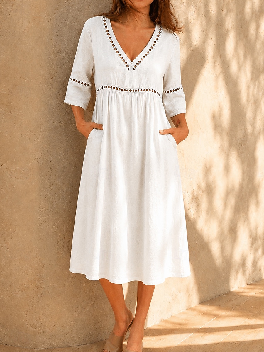 Per donna Abito Midi Abito in pizzo bianco Abito a trapezio Abito Estivo Casual Spiaggia Vacanza Vestibilità regolare Semplice Mezza Manica Scollo a V Blu Bianco Blu Reale Estate Primavera del 2026 a $34.99 –P1