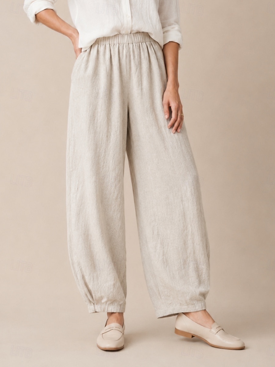 pantaloni de vară din in pentru femei, talie medie, lungime completă, buzunar, talie elastică, culoare vară, alb, negru, bleumarin închis, kaki, toamnă 2026 - $49.99 –P1