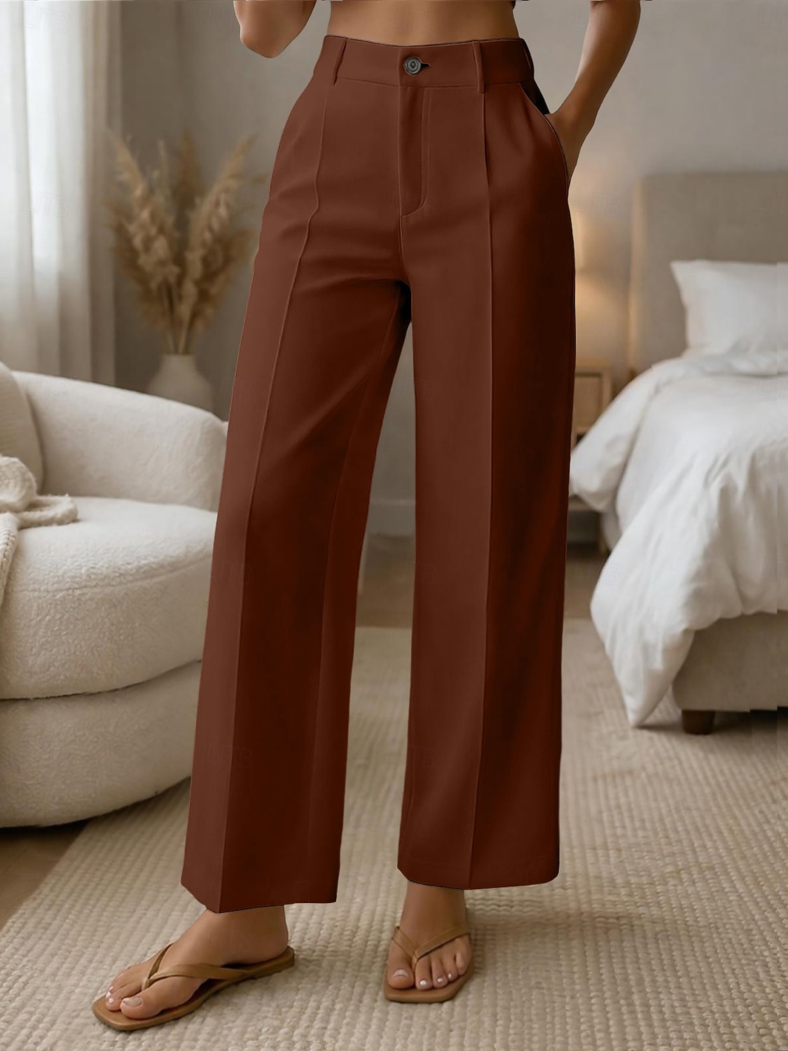 Mulheres Perna larga Calças Social Calça casual Moda Roupa de rua Básico Comprimento total Cintura Alta Tecido Bolsos Cintura elástica Confortável Sem Elasticidade Diário Escritório Férias Verde de 2026 por $10.99 –P11