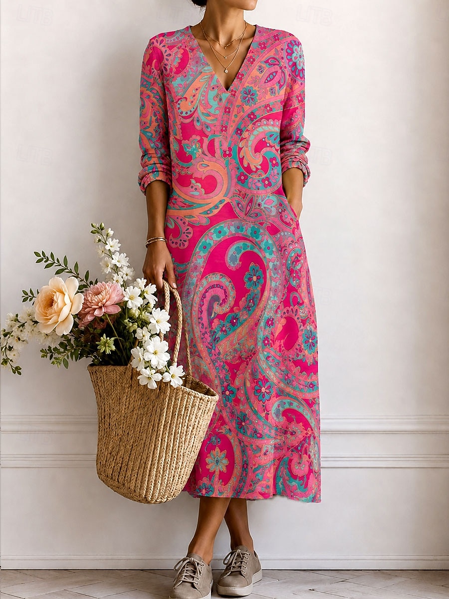 Women's Midi Dress Sundress Casual Dress A Line Dress Vacation Casual Boho Holiday Regular Fit Graphic Abstract Long Sleeve V Neck Blue Pink Khaki Summer Spring 2026 - $44.99 –P3