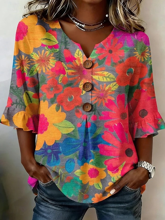 Per donna Camicia Bottoni Stampato Floreale Grafico Vintage Elegante Manica 3/4 Scollo a V Top Regolari Casuale Quotidiano Ferie Rosso Azzurro Estate Primavera del 2026 a $26.99 –P2
