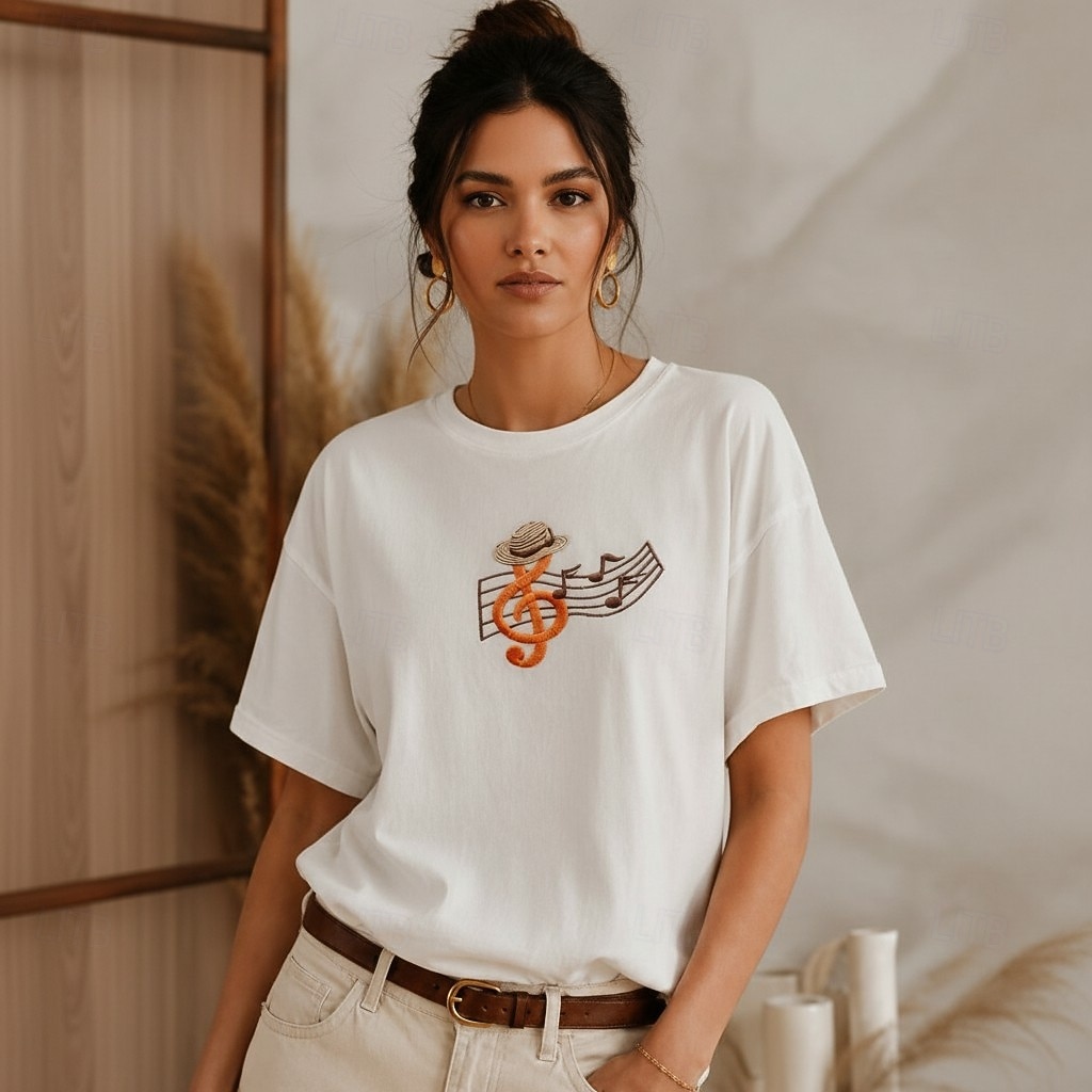 T-shirt musicale brodé 100 % coton pour femmes T-shirt d'été élégants vintage mode à manches courtes col rond haut régulier décontracté quotidien plage blanc été printemps automne hiver de 2026 ? $28.99 –P4