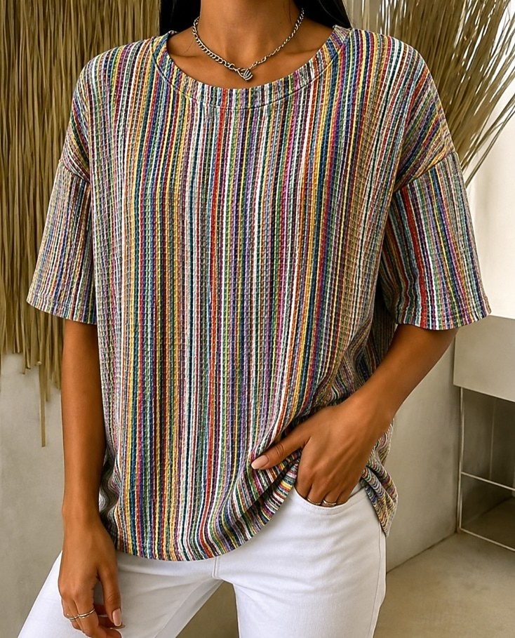 Femmes Tee-shirt Gaufre Tops tricotés texturés Graphique Géométrique Rayé Élégant Classique Manche Courte Col ras du cou Hauts Réguliers Occasionnel Quotidien Bleu Jaune Marron clair Orange Ét de 2026 ? $21.99 –P2