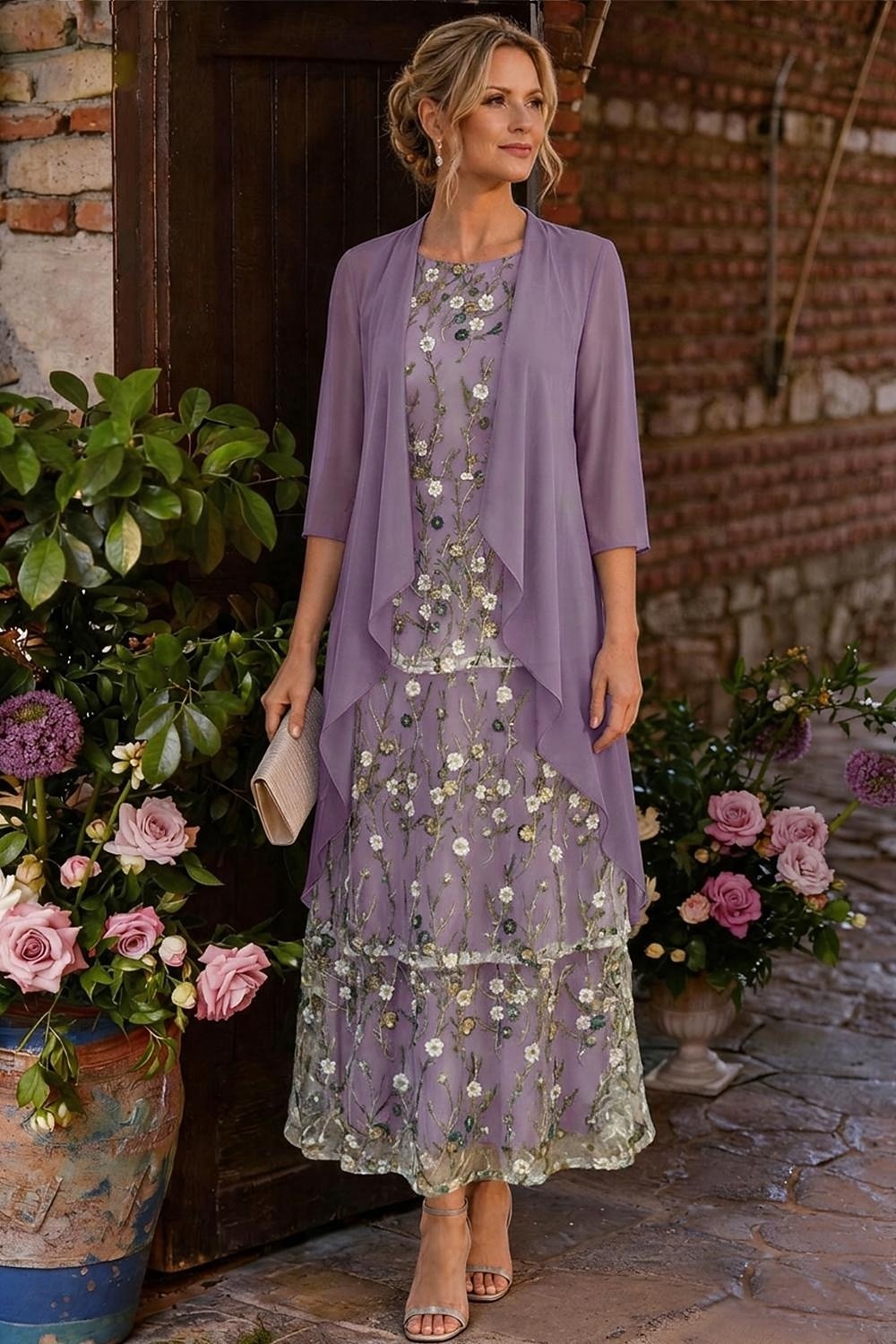 Două Piese Linia -A Lungime Gleznă Rochie Mama Miresei Lungime Manșon 3/4 Stil Nautic Elegant Simplu Luxos Oficial Invitat la nunta Șifon Dantelă Rochii jacheta cu Volane Straturi Broderie 2026 - $171.99 –P1