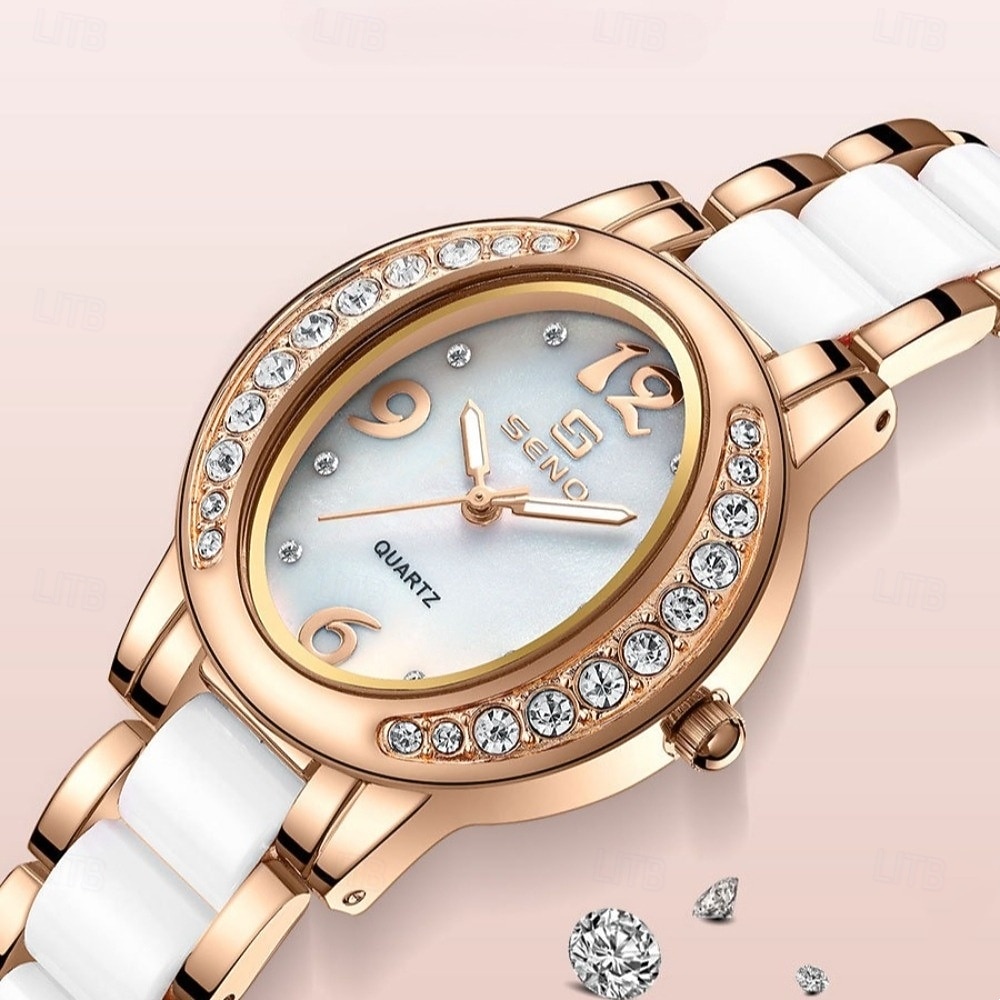 Women's Rose Gold Fashion Watch, White Ceramic Style Link Bracelet, Mother of Pearl Dial with Crystal Bezel, Elegant Quartz Dress Wristwatch for Ladies, Perfect Jewelry Gift for Her 2026 - $28.99 –P4