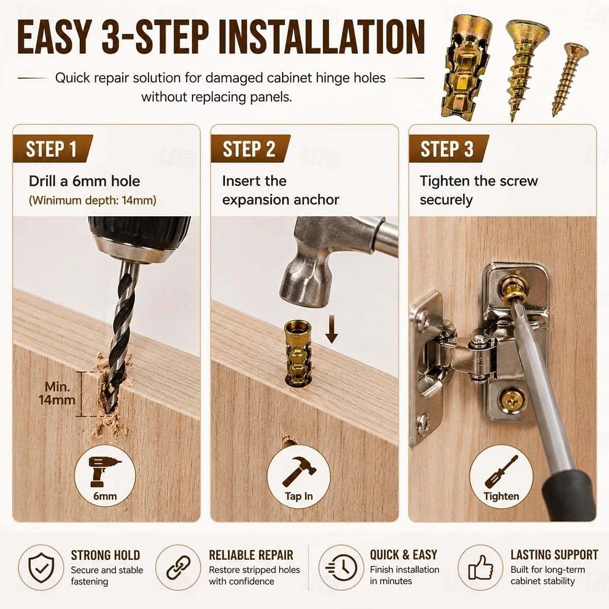 Juego de tornillos de expansión cortos de 6×14 mm, anclajes de pared de expansión cortos, para reparación de bisagras de armarios &Restauración de roscas dañadas, juego de 30/50/100 fijaciones seguras 2026 - $10.99 –P7