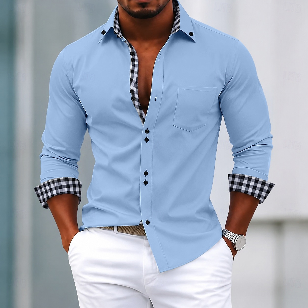 Men's Shirt Dress Shirt Button Down Shirt Non Iron Shirt Color Block Casual Daily Light Pink Light Blue Black White Long Sleeve Turndown All Seasons Clothing Apparel Patchwork 2026 - $32.99 –P6