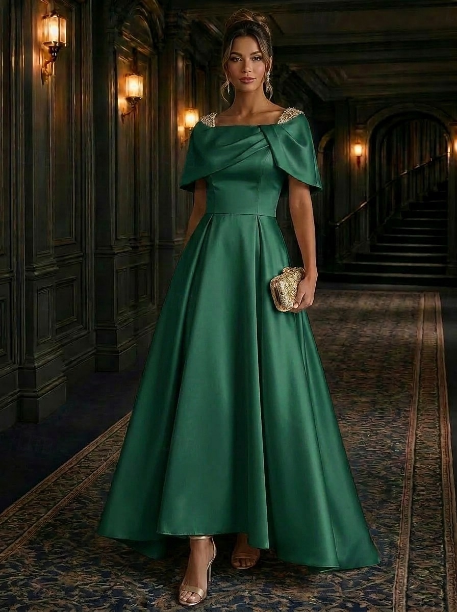 A-Line Asymmetrical Evening Gown Elegant Glittering Mother Of The Bride Short Sleeve Square Neck Wedding Formal Satin Cowl Back with Pleats Crystals Beading 2026 - $148.99 –P5