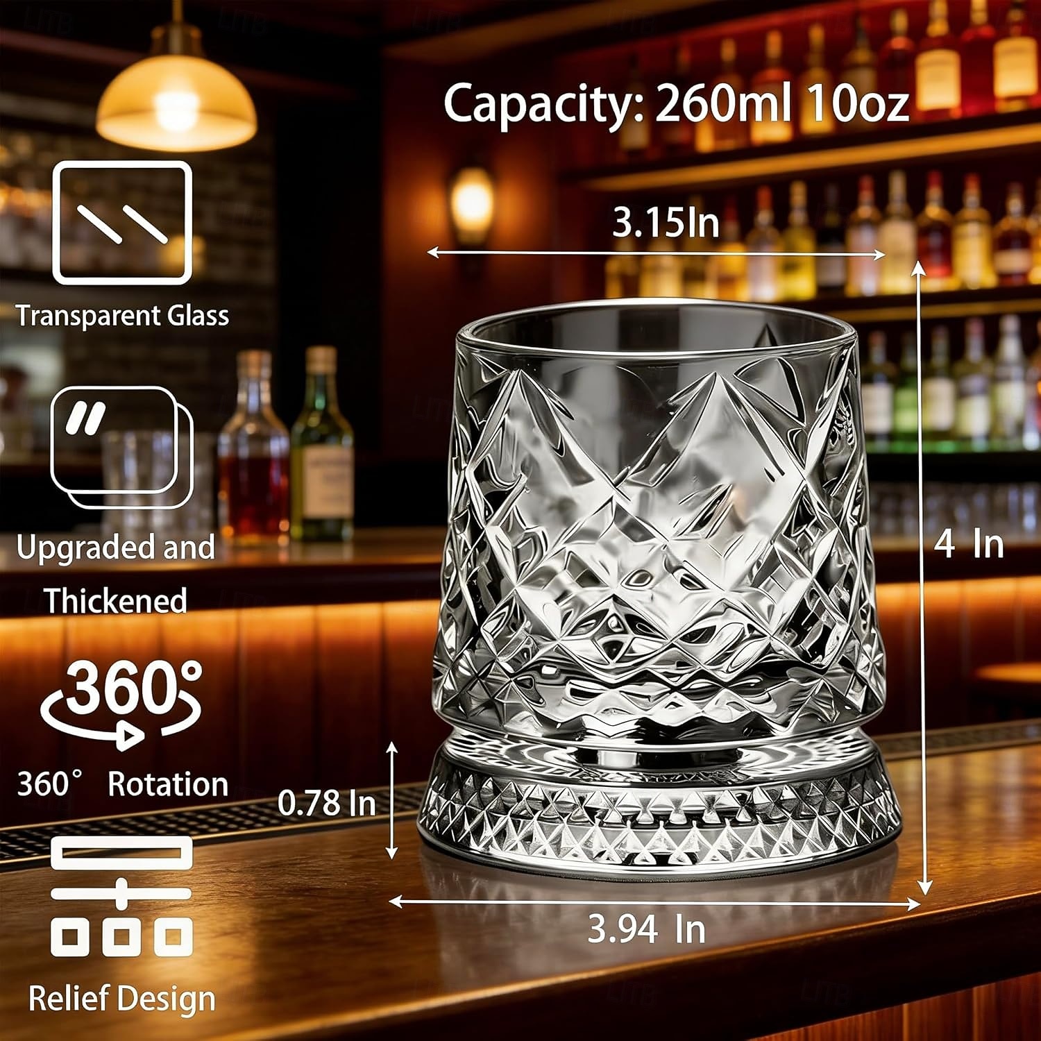 Bicchiere da whisky girevole con base per rotazione a 360 gradi, 267 ml, bicchieri da whisky girevoli old fashioned per scotch, cocktail, rum, cognac, vodka, liquori, regalo unico per uomo del 2026 a $15.99 –P1
