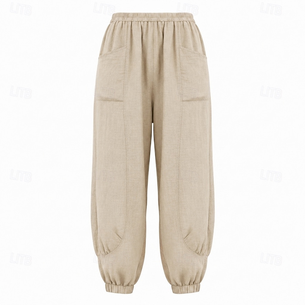 Pantalon large en lin pour femme, taille mi-haute, poches pleine longueur, ceinture élastique, couleur bordeaux et bleu azur, idéal pour les vacances de 2026 ? $49.99 –P17