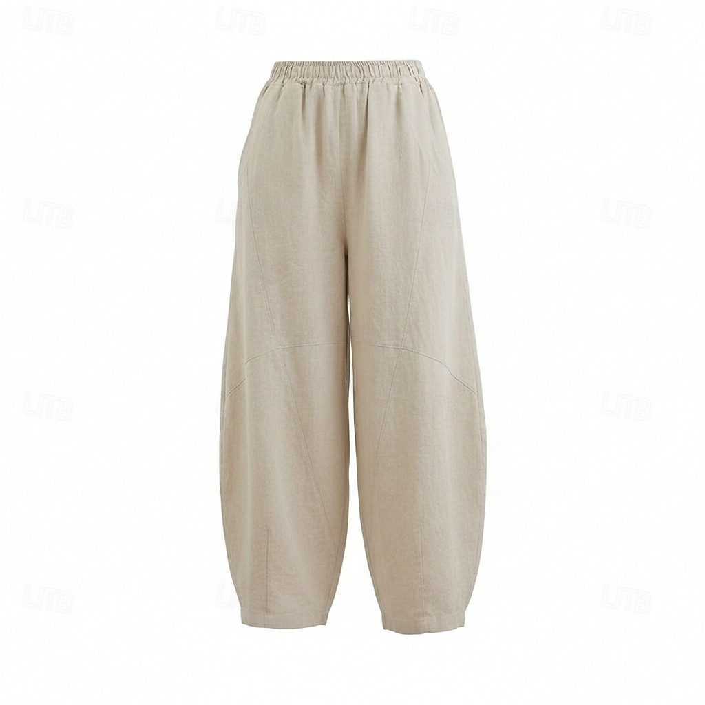 Pantalones bombachos de lino para mujer, cintura media, largo completo, bolsillo, cintura elástica, vacaciones, azul arroz 2026 - $49.99 –P14
