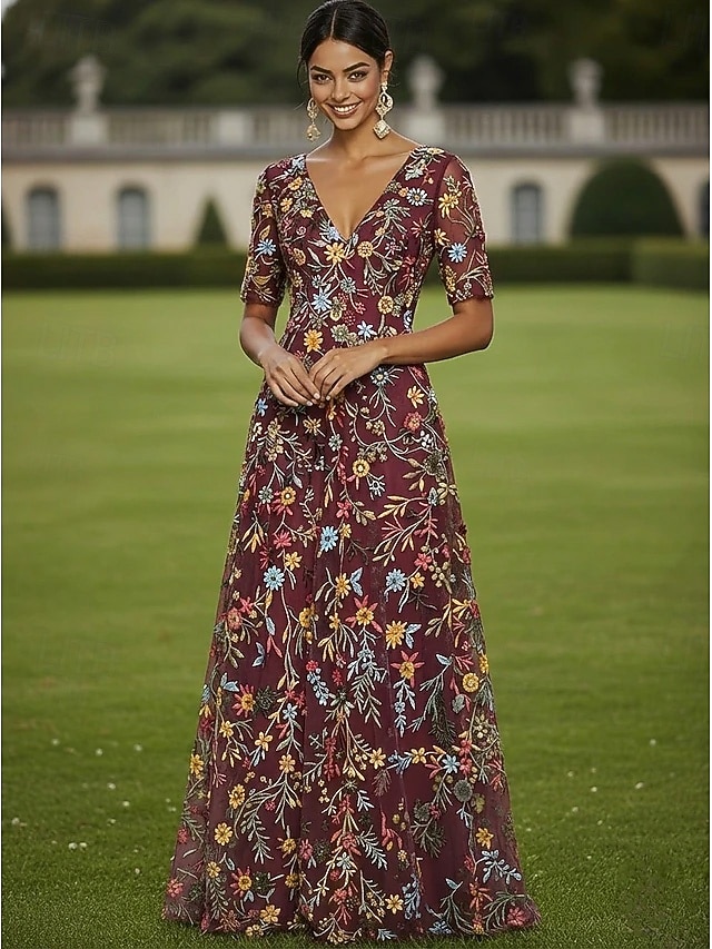 Corte A Vestidos Hasta el Suelo Vestido de Fiesta Vestido Cóctel Vestido de Madrina Media Manga Escote Elegante Vintage Lujoso Formal Invitado a la boda El derby de Kentucky Tul con Estampado flor 2026 - $182.99 –P11