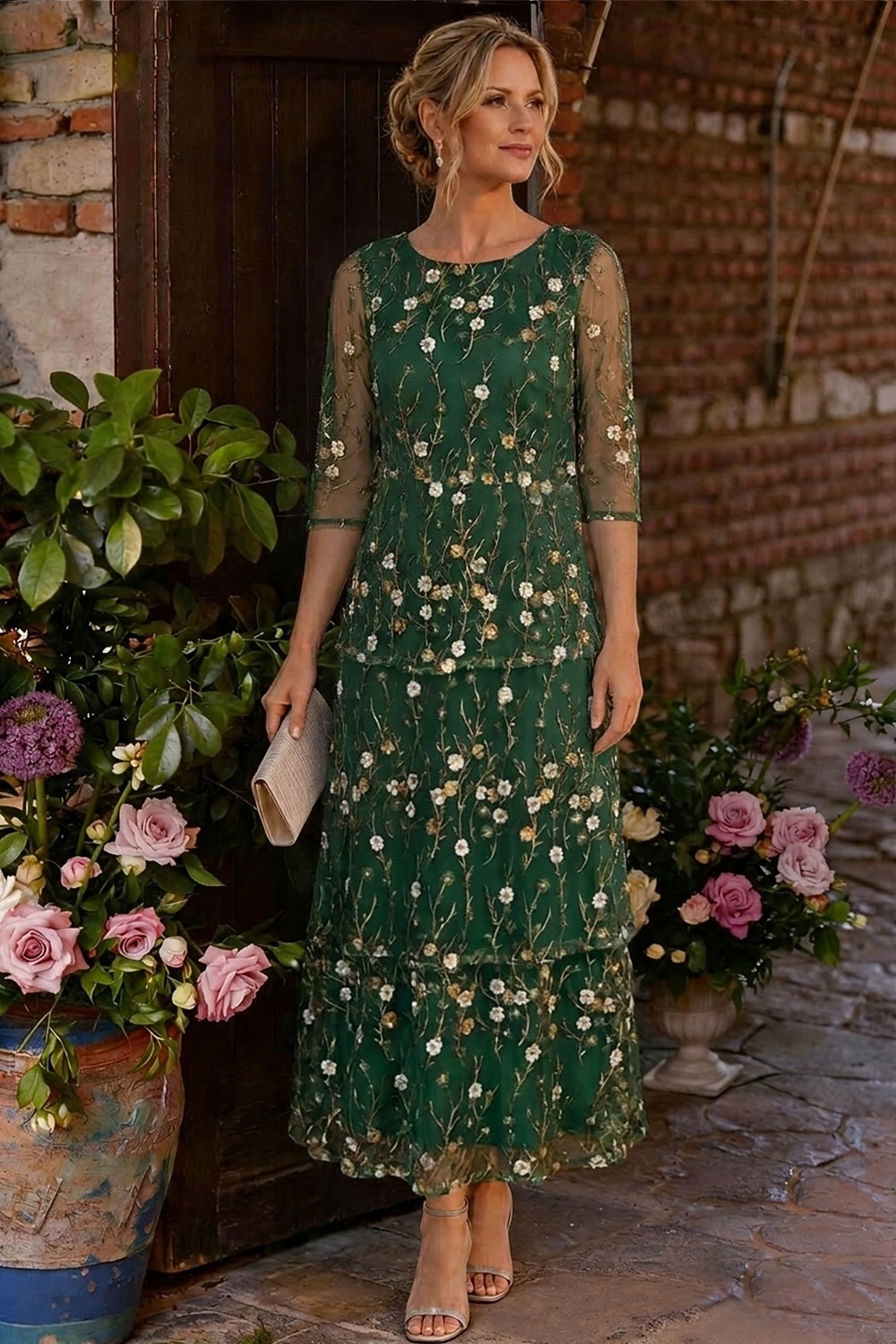 Două Piese Linia -A Lungime Gleznă Rochie Mama Miresei Lungime Manșon 3/4 Stil Nautic Elegant Simplu Luxos Oficial Invitat la nunta Șifon Dantelă Rochii jacheta cu Volane Straturi Broderie 2026 - $171.99 –P3