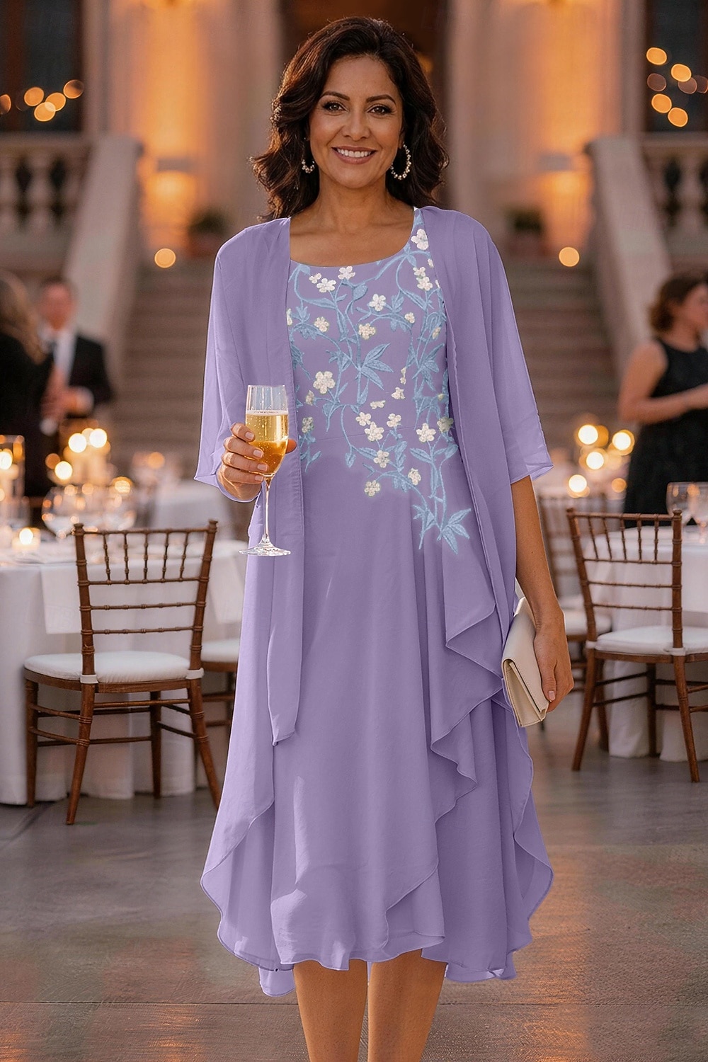 Două Piese Linia -A Asimetric Lungime Genunchi Rochie Mama Miresei Manșon Jumate Scoateți gâtul Elegant Simplu Casual Oficial Invitat la nunta Concediu Șifon Șal Inclus cu Imprimeu Floral Pliuri 2026 - $81.99 –P6