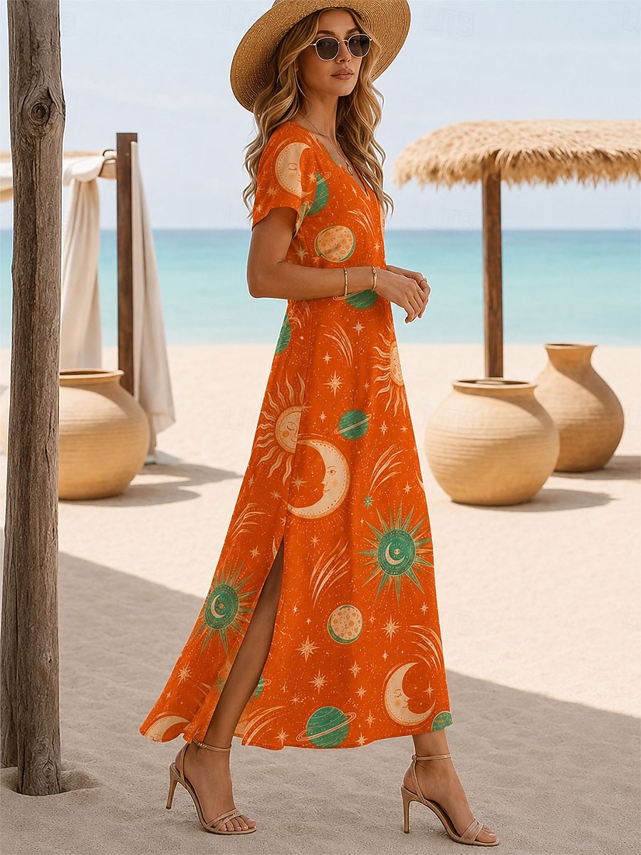 Per donna Abito maxi Abito a trapezio Casual Ferie Data Vestibilità regolare Floreale Grafico Leopardo Manica Corta Scollo a V Giallo Viola Verde Estate Primavera del 2026 a $28.99 –P2