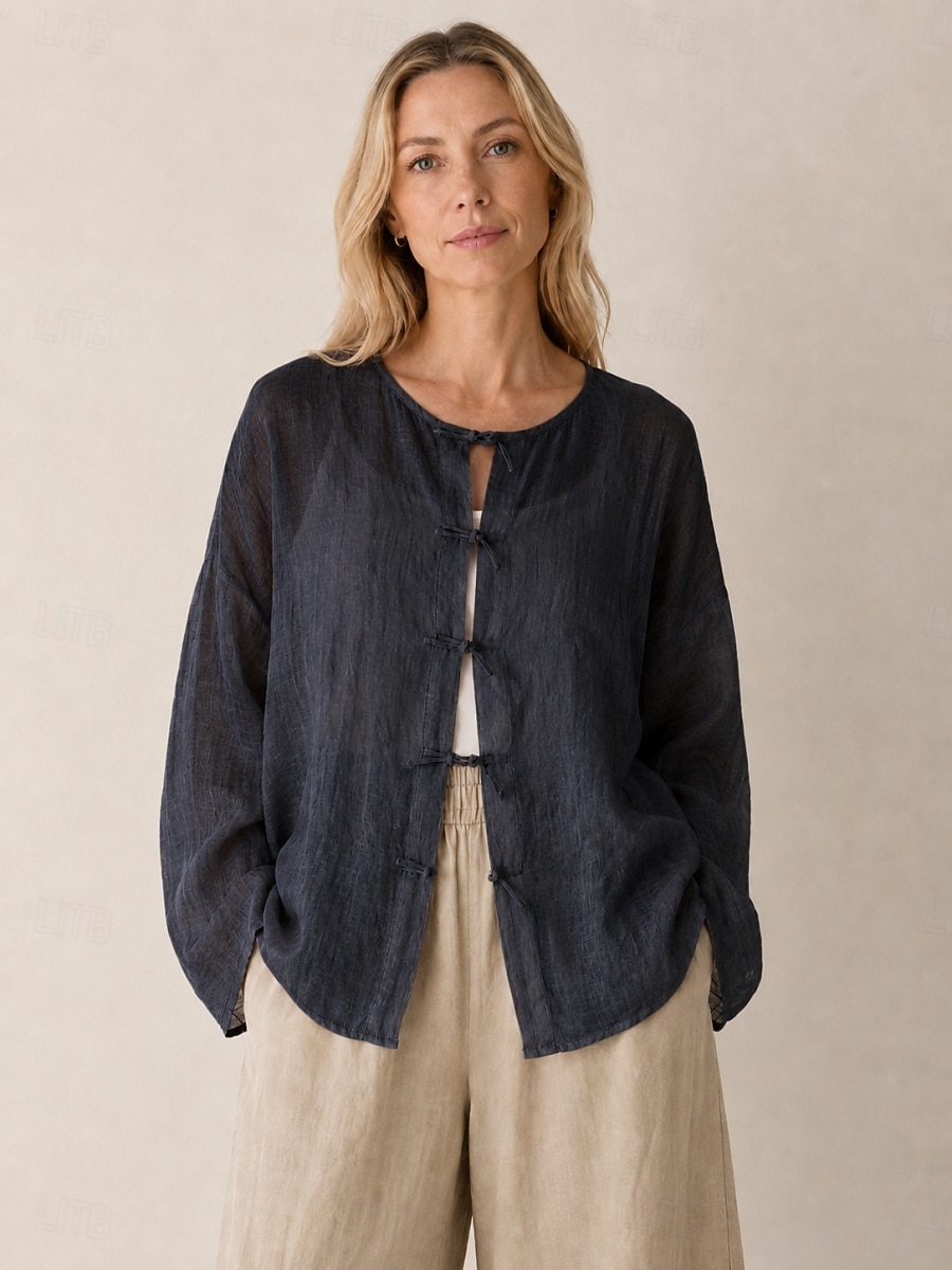 camicetta da donna 100% lino a maniche lunghe con bottoni, girocollo, vestibilità regolare, stile vintage, ideale per le vacanze, disponibile nei colori nero, rosa, rosso e verde, per l'estate e la primavera. del 2026 a $52.99 –P6