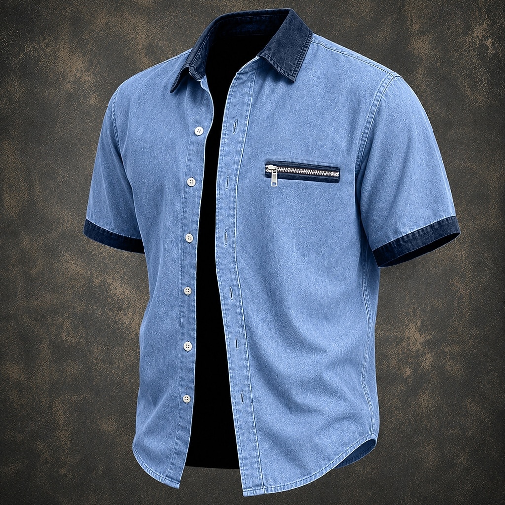 SoftFade™ Men Shirt Casual Shirt Denim Shirt Cotton Acid Wash Shirt Acid Wash Shirt Black Green khaki Gray Light Blue Short Sleeve Plain Shirt Collar Casual Daily Color Block Clothing Apparel Elegant 2026 - $31.99 –P1