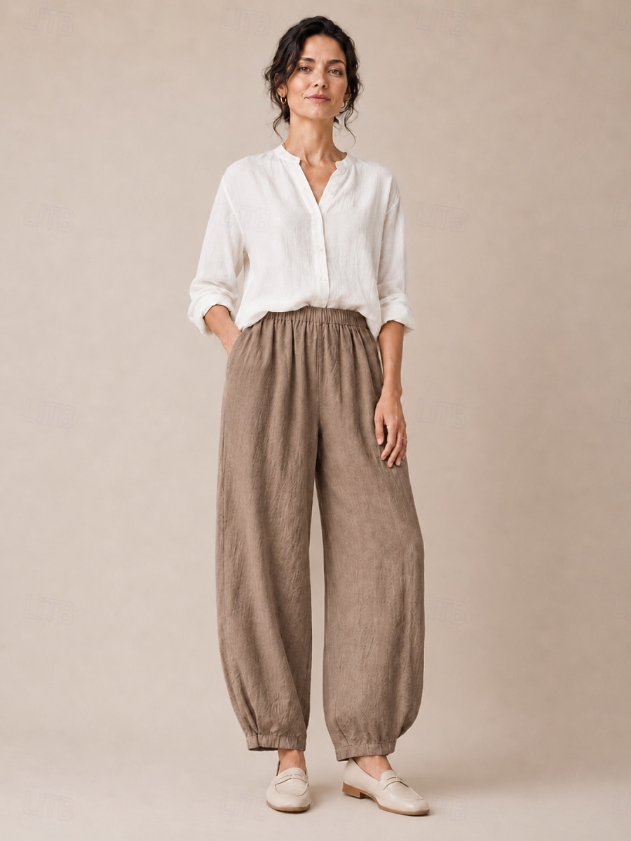 pantaloni de vară din in pentru femei, talie medie, lungime completă, buzunar, talie elastică, culoare vară, alb, negru, bleumarin închis, kaki, toamnă 2026 - $49.99 –P8