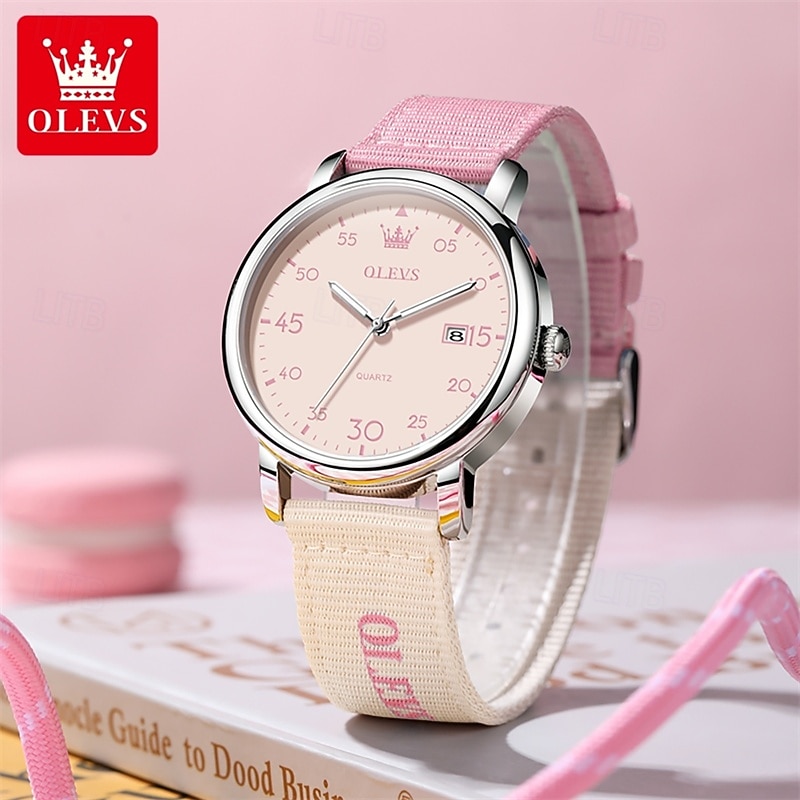 Olevs dameshorloge in roze, schattig analoog quartz polshorloge met datumweergave, casual modieus meisjeshorloge met ademende nylon band, waterdicht tot 30 meter, verjaardagscadeau voor tienermeisjes 2026 - $35.99 –P2