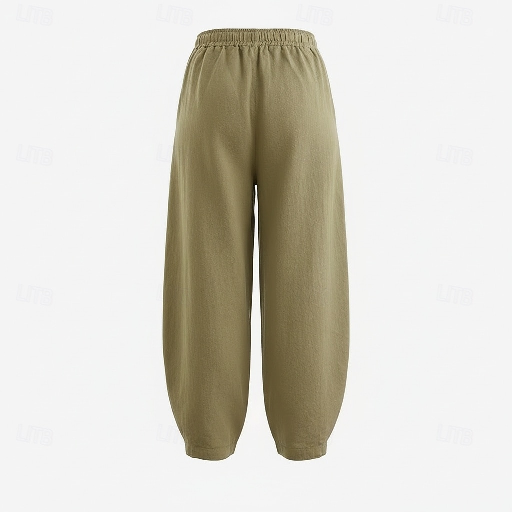 Pantalones bombachos de lino para mujer, cintura media, largo completo, bolsillo, cintura elástica, vacaciones, azul arroz 2026 - $49.99 –P12