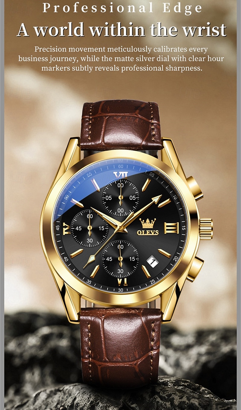 OLEVS Men's Luxury Watch Black Leather Strap Chronograph Waterproof Luminous Analog Quartz Wristwatch with Date Business Fashion Dress Watches for Men Gifts 2026 - $42.99 –P2