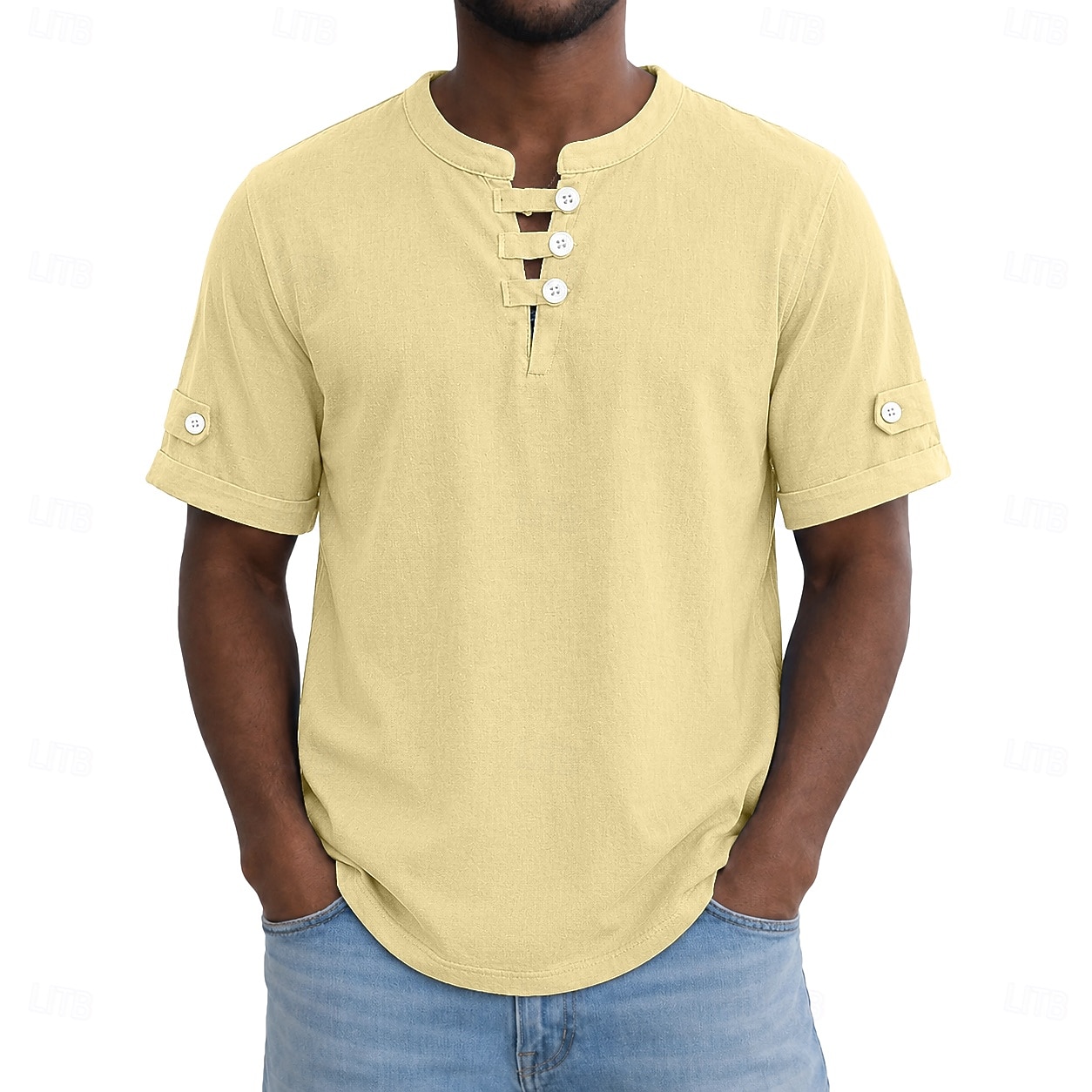 Men's 100% Cotton Polo Shirts Casual Vacation Collarless Short Sleeve Vacation Modern Plain Lightweight Buttons Summer Spring Blue White Yellow 100% Cotton 2026 - $26.99 –P3