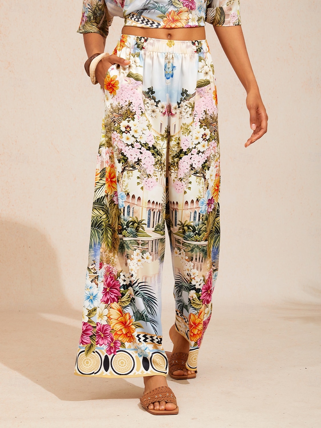pantalon large en satin à motif floral pastel de 2026 ? $79.99 –P4