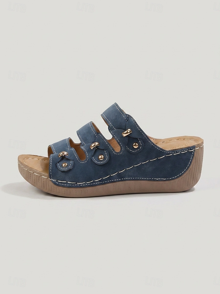 Women's Navy Blue Triple Strap Wedge Sandals – Comfortable Slide Sandals with Metal Design for Summer Walking, Travel & Casual Wear 2026 - $24.99 –P5