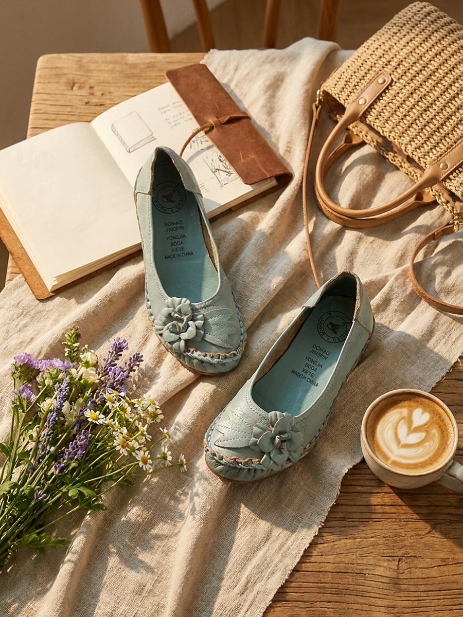 Dames ballerina's van premium rundleer in een brede pasvorm - handgemaakte comfortabele schoenen met 3D-bloemenapplicatie en gestikte afwerking, vintage instapschoenen voor casual gebruik, reizen en 2026 - $34.99 –P1