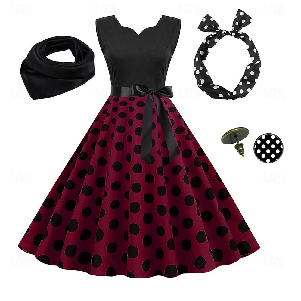 Années 1950 Rétro Vintage Rockabilly Robe trapèze Robe Évasée Pois Déguisement Femmes Fête / Soirée Enterrement de Vie de Jeune Fille Adulte Robe Bandeau Robes de soirée de 2026 ? $33.99 –P14