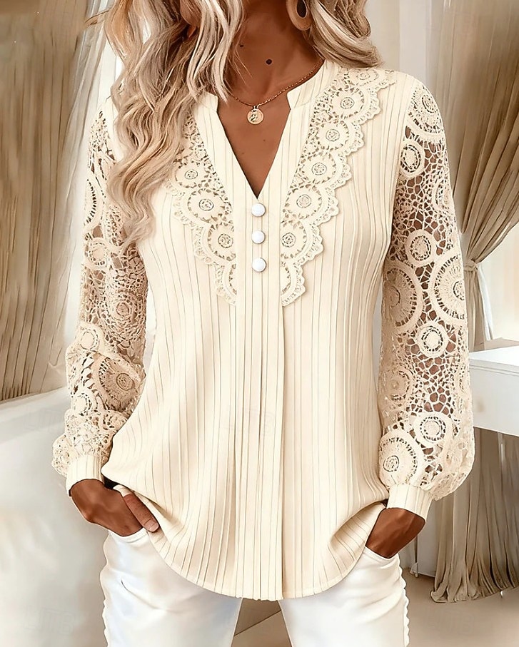 Women's Shirt Eyelet Top Boho Shirt Lace Shirt Lace Solid Color Plain Elegant Bohemia Active Long Sleeve Long Tops Casual Blue Black Brown Green Beige Summer Spring Fall 2026 - $12.49 –P1