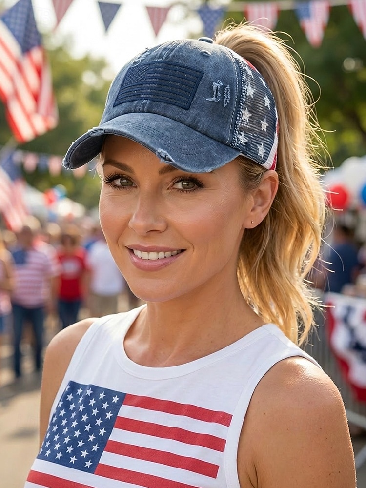 Boné de beisebol feminino patriótico com abertura para rabo de cavalo, algodão lavado. &Boné trucker ajustável em tela, boné de verão multicolorido com a bandeira dos EUA para o 4 de julho, boné para de 2026 por $14.99 –P3