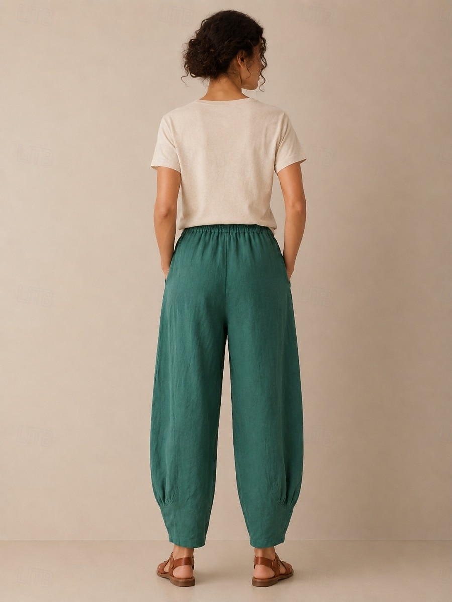 Pantalon large en lin pour femme, taille mi-haute, poches pleine longueur, ceinture élastique, couleur bordeaux et bleu azur, idéal pour les vacances de 2026 ? $49.99 –P4