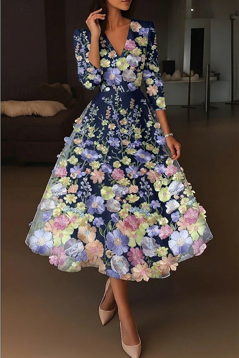 A-Linie Tee-Länge Cocktailkleider Elegant Vintage Blumen Halbarm V Ausschnitt Hochzeit Formell Rosa Kleid Satin Spitze mit Stickerei Tasche 2026 - $195.99 –P12