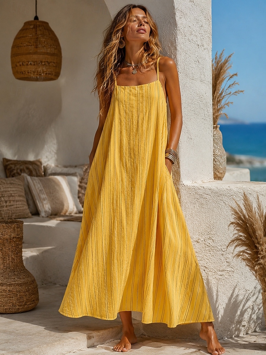 Pentru femei Rochie Maxi Rochie Boho Epocă Vacanță Potrivire Largă Dungi Fără manșon Pătrat Albastru Deschis Alb Galben Vară 2026 - $25.99 –P3