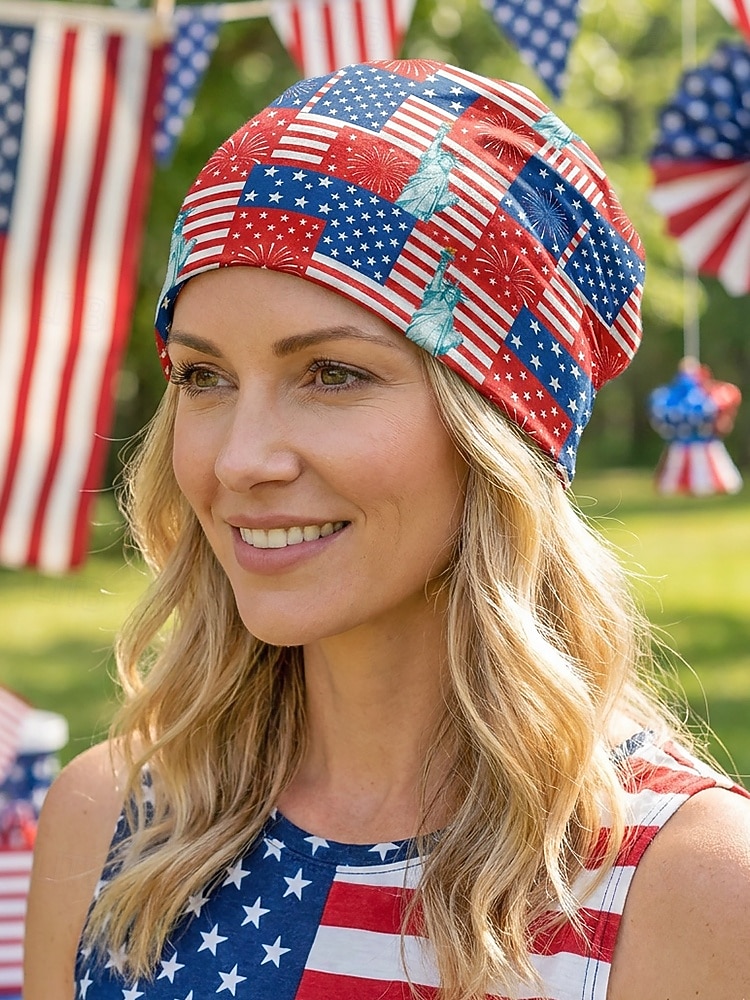 Patriotisk bohemsk lue for kvinner &halsmansjett, lett stretch polyester flermønstret USA-trykk sommerhodeplagg for USAs uavhengighetsdag, 4. juli, reise &festivaler 2026 - $11.99 –P5