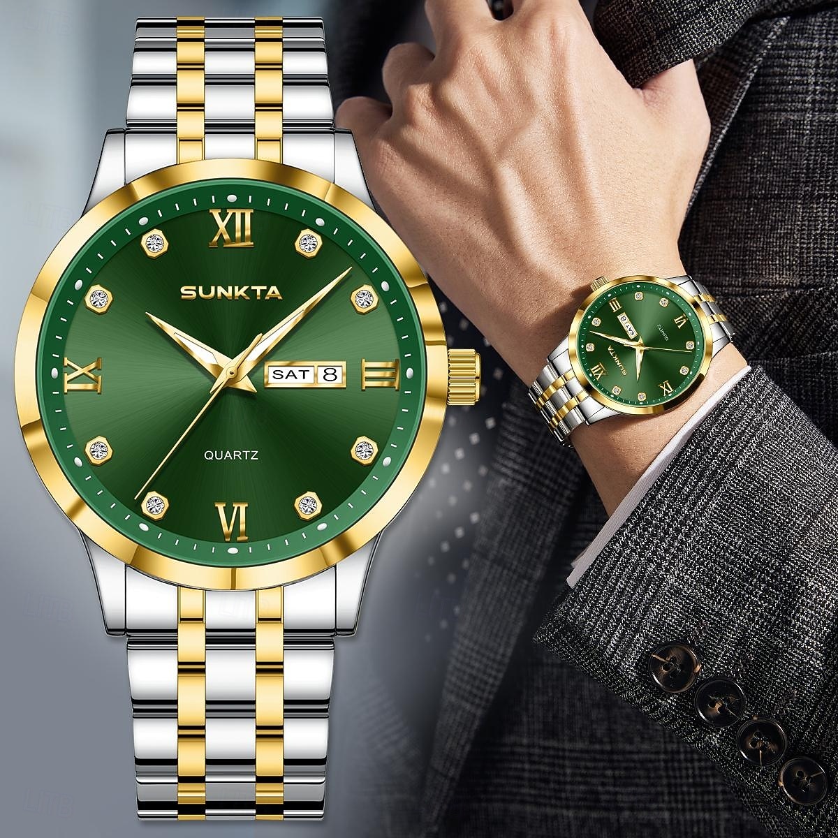 Reloj de negocios de lujo para hombre Sunkta, esfera verde, correa de acero inoxidable bicolor, resistente al agua, movimiento de cuarzo con calendario de día y fecha, números romanos, marcadores de 2026 - $9.99 –P7
