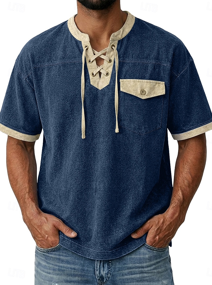 Hombre Camiseta Camisa vaquera Camisa 100% algodón con lavado ácido Manga Corta cuello con cordones Otoño invierno Primavera Otoño Plano Vintage Ropa de calle Casual Bolsillo Lavado Casual Hogar Calle 2026 - $35.99 –P10