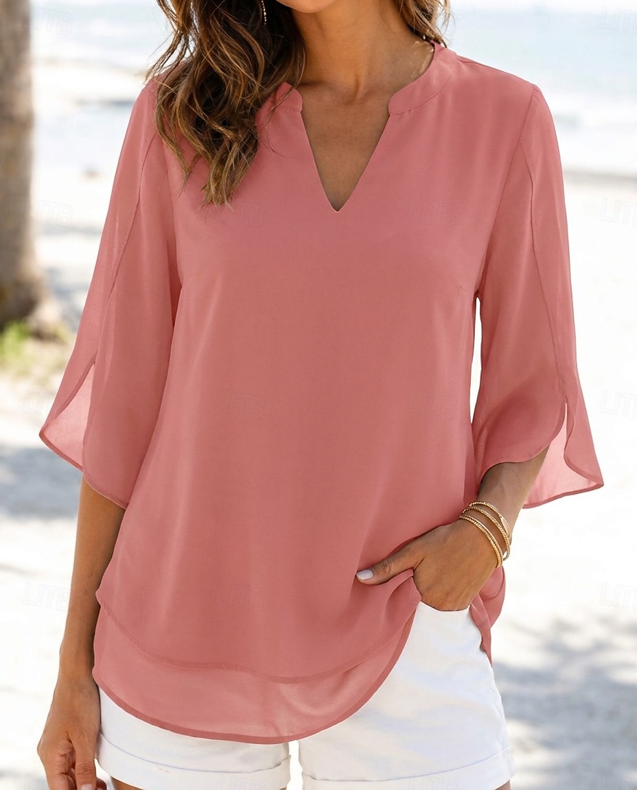 Per donna Top in chiffon Vacanza Vintage Quotidiano Scollo a V Top lunghi Casuale Nero Rosa Vino Blu marino Blu Reale Estate Primavera del 2026 a $23.99 –P5