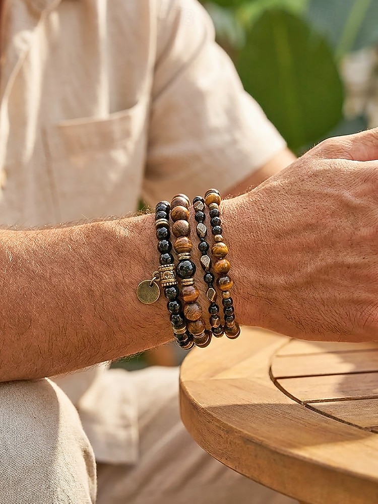 Herenarmbandset met drie lagen tijgeroogsteen, natuurlijke tijgeroogsteen &Legeringskralen, gelaagde vintage herensieraden voor zomervakanties, muziekfestivals en casual dagelijks gebruik. 2026 - $9.99 –P2