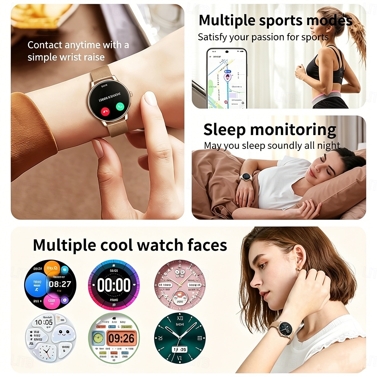 2026年 女性向けスマートウォッチ（通話の発信・受信機能付き）、1.32インチHDラウンドスマートウォッチ、心拍数・睡眠モニター・SpO2フィットネストラッカー搭載、IP68防水、エレガントなダイヤモンドテクスチャストラップ（Android/iOS対応）  コレクション – $68.99 –P4