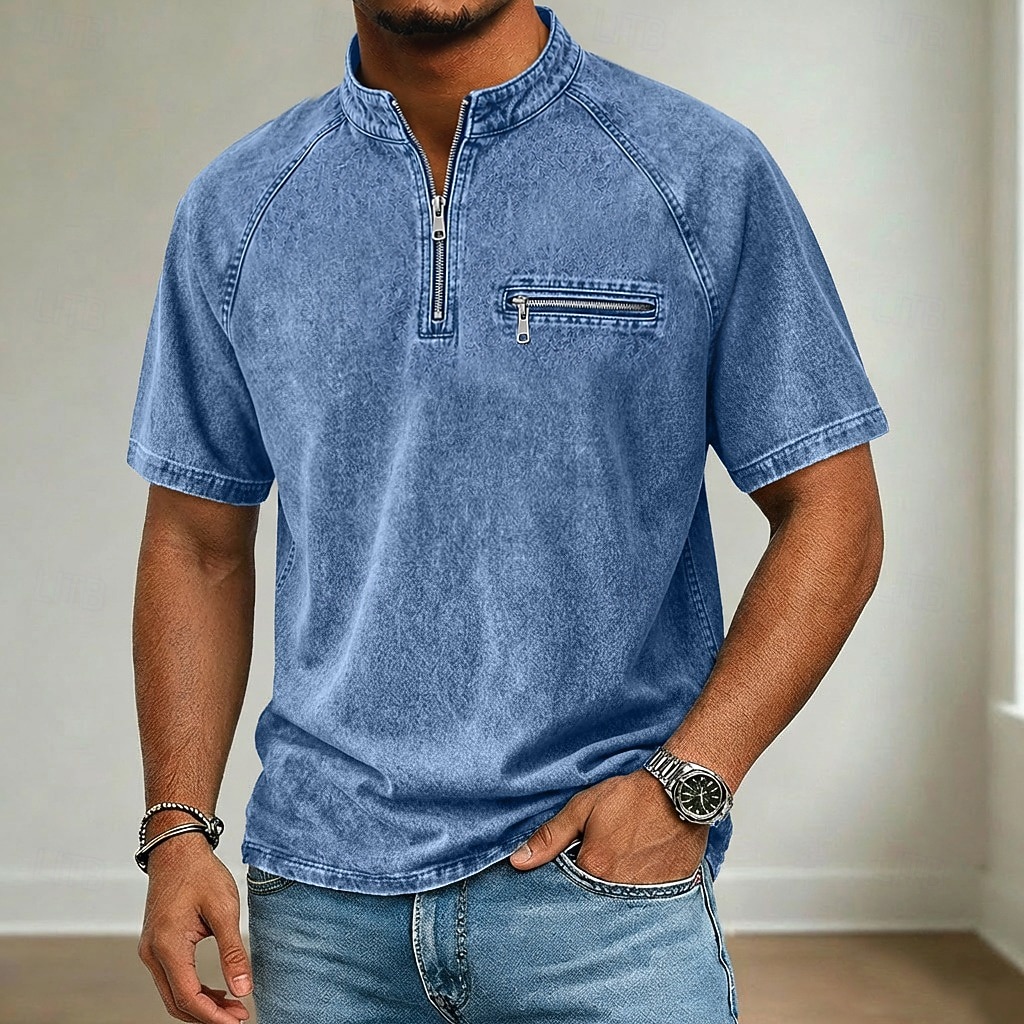 Homme T-shirt Chemise jean Manche Courte Col montant Col mandarin Automne & Hiver Été Printemps Uni ancien Streetwear Occasionnel Lavé Manche raglan Occasionnel Maison Rue Gris Bleu Ciel Pourpre de 2026 ? $32.99 –P1