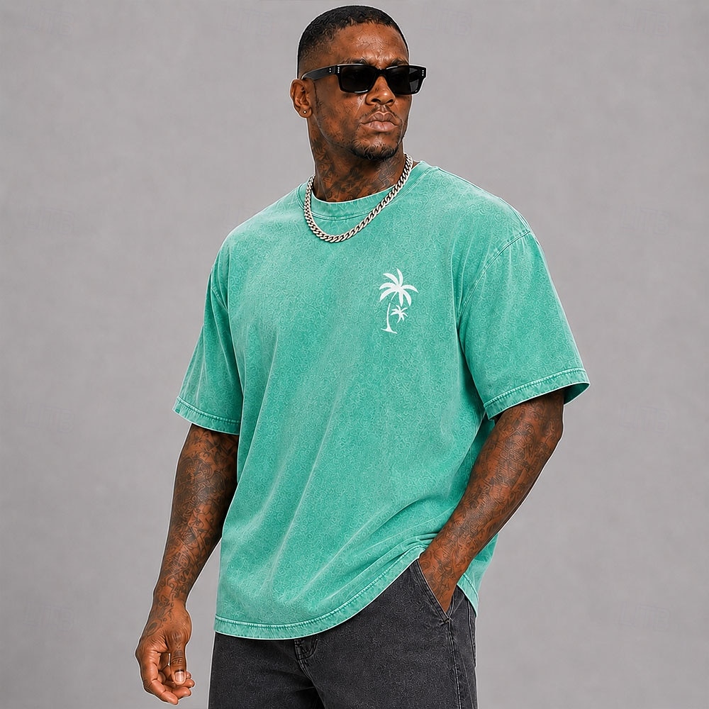 Tricou bărbătesc cu imprimeu hawaian din frunze de palmier și nucă de cocos, 100% bumbac, spălat acid, gros, tricou cu mânecă scurtă, guler rotund, stil DTG, îmbrăcăminte la modă, stil zilnic, 2026 - $27.99 –P1