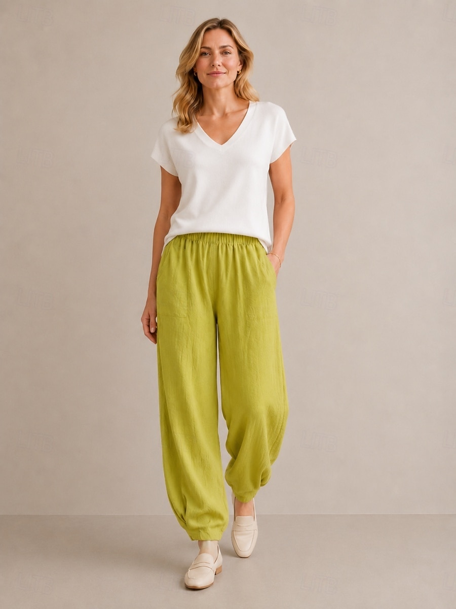 Pantalon bloomer en lin pour femme, taille mi-haute, longueur cheville, poche, ceinture élastique, idéal pour les vacances de 2026 ? $49.99 –P2