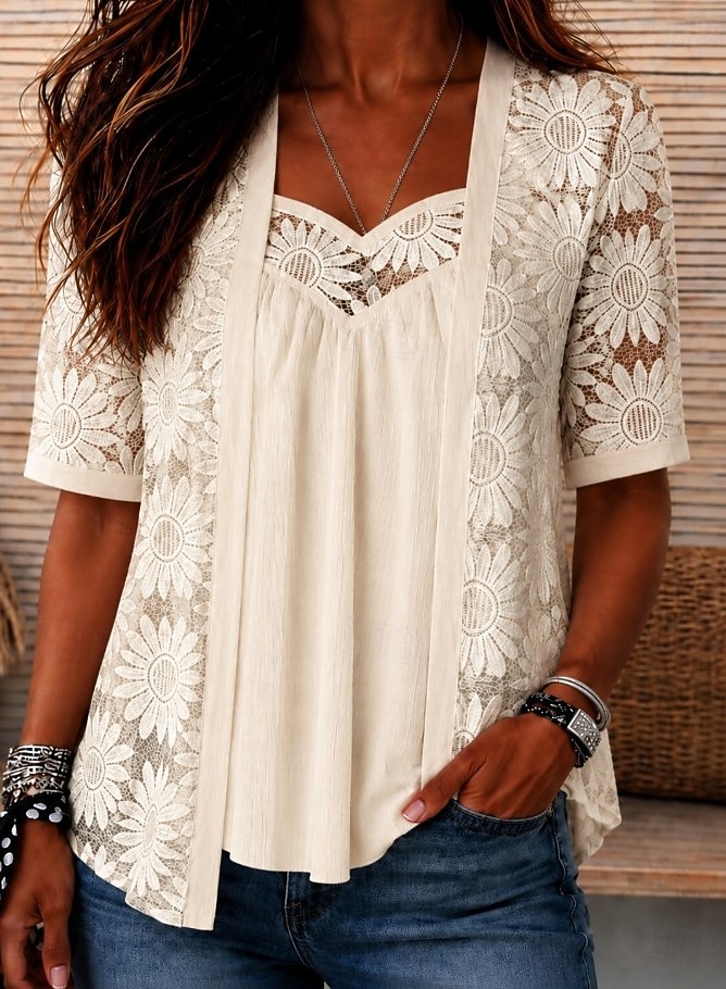 Dames Overhemd Oogje top Boho-shirt Kanten overhemd Kant Ombre Bloemig Grafisch Elegant Bohemen Vakantie Korte mouw V-hals Croptops Casual Wit Zomer Lente 2026 - $24.99 –P3