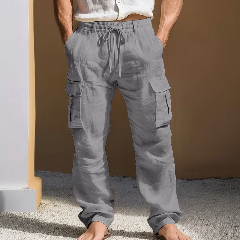 Homens Calças de linho Calças Calça verão Bolso multi Perna reta Tecido Conforto Respirável Comprimento total Diário Ao ar livre Para Noite Moda Roupa de rua Azul Branco de 2026 por $29.99 –P6