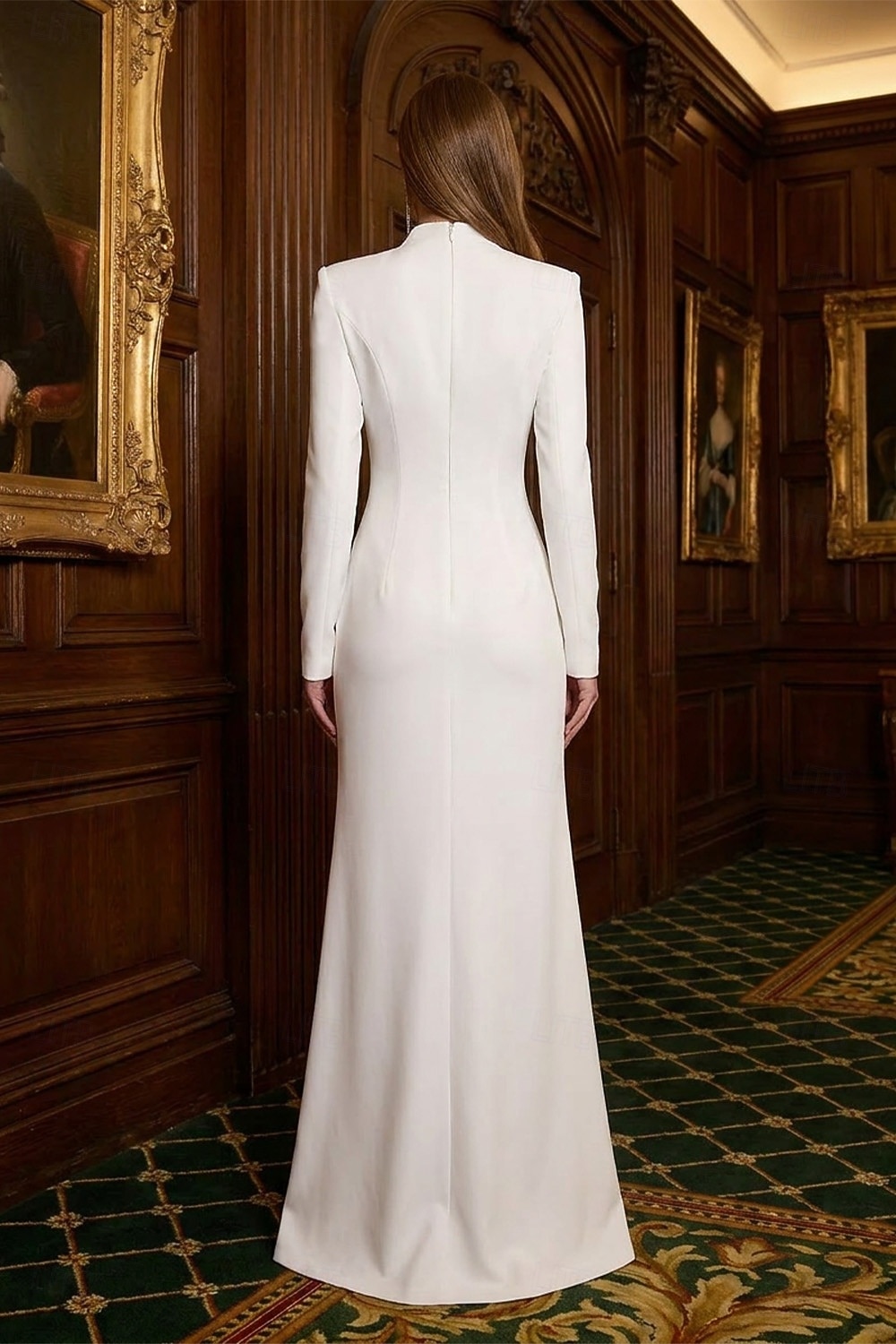 Damen Smokingkleid Meerjungfrauenschnitt Meerjungfrau Hochzeitsgast Stretch-Crêpe Elegant Hoher Schlitz Langarm Bodenlang V Ausschnitt 2026 - $178.99 –P2